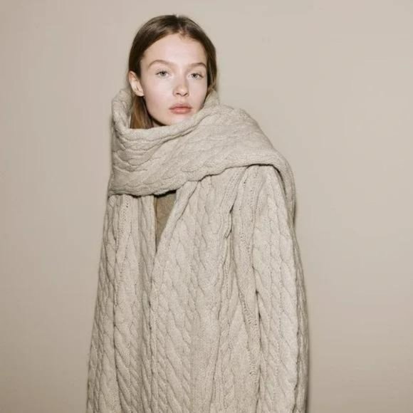 ZARA 100% WOOL CABLE KNIT COAT - Picture 2 of 11